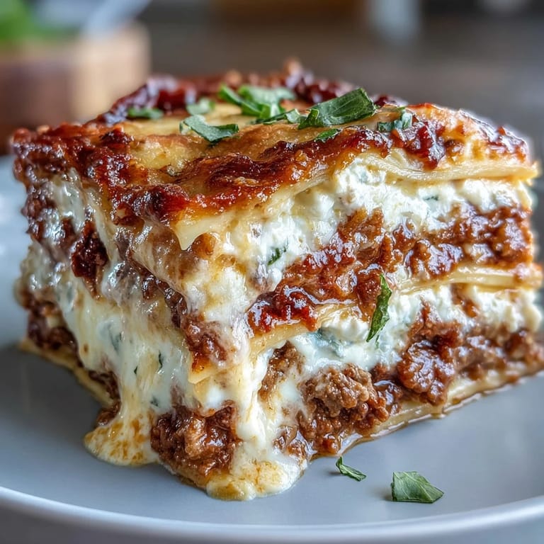 A freshly baked slice of World's Best Lasagna rests on a white plate, ready to be served with fresh basil.