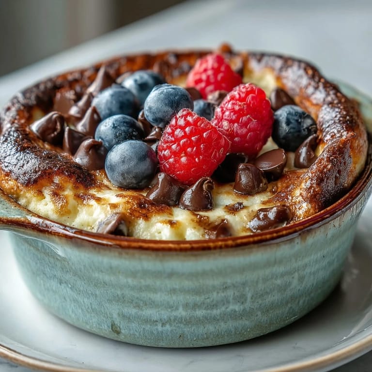 Single-serve Baked Protein Pancake Bowl next to maple syrup, perfect for a high-protein breakfast or meal prep.