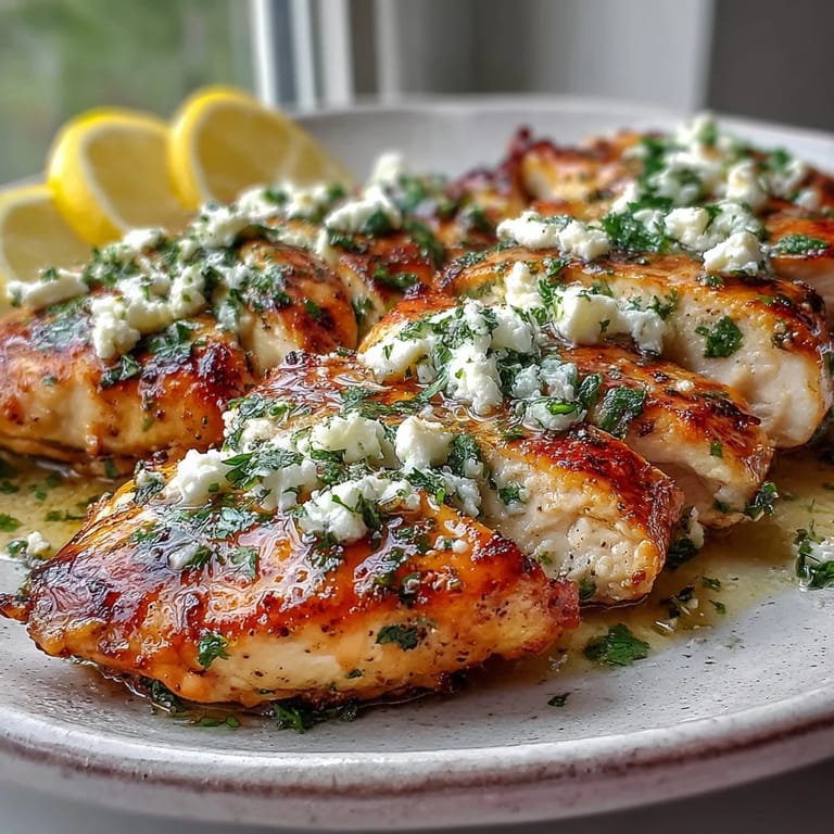 Sizzling thin-sliced chicken breast marinated in lemon and garlic, topped with crumbled feta and fresh parsley on a white plate.