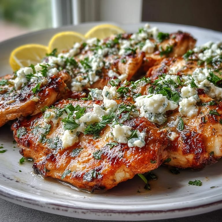 Plated Greek Chicken with Lemon and Feta beside a fresh Greek salad and roasted potatoes for a complete meal.