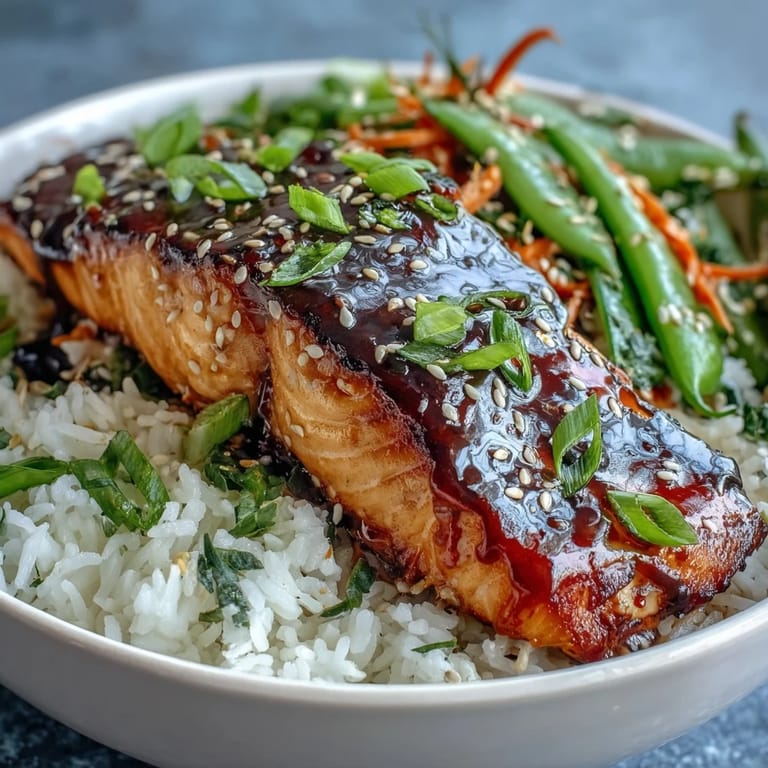Tender teriyaki salmon on steamed rice, drizzled with sauce and topped with crunchy vegetables.