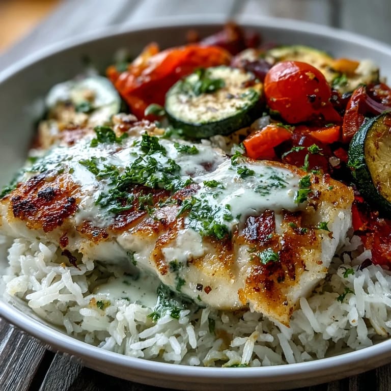 Crispy golden pan-seared fish sits atop fluffy rice, roasted zucchini, and red peppers, finished with a zesty lemon herb sauce.