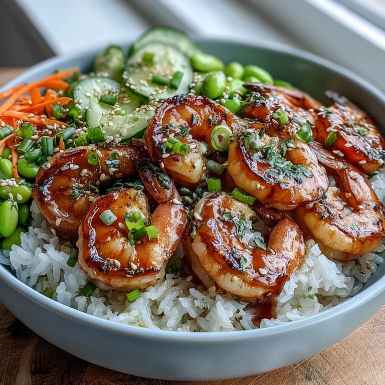 This Asian Shrimp Bowl features glistening grilled shrimp and fresh veggies over rice, ready to be drizzled with a homemade ginger-sesame dressing.