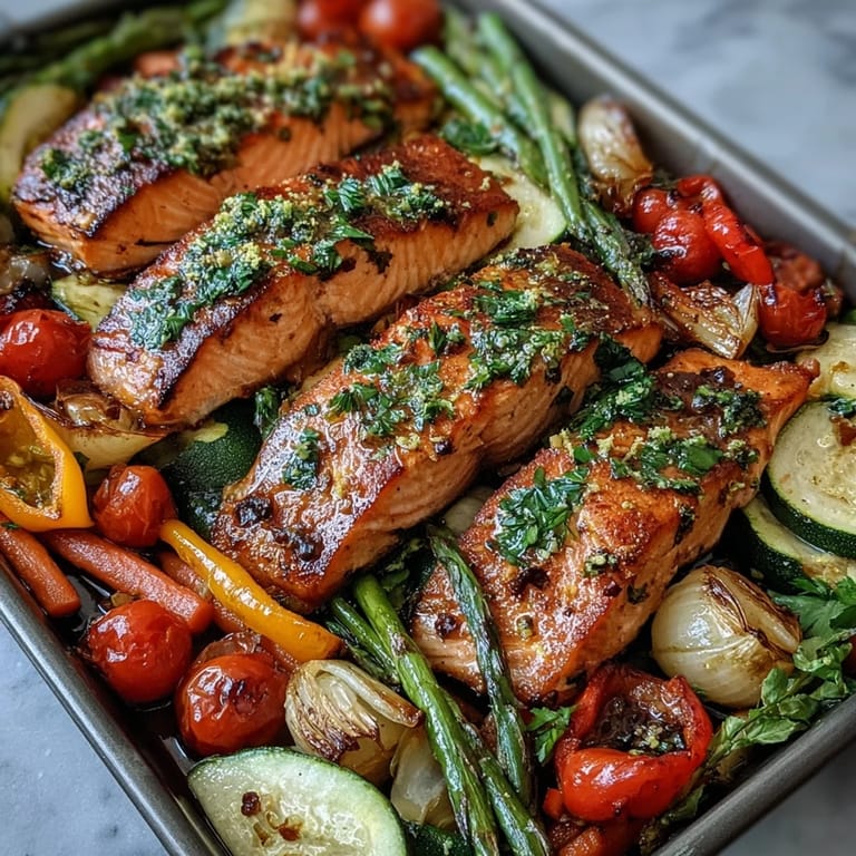 Flaky, perfectly cooked salmon nestled with caramelized vegetables in a healthy, one-pan Sheet Pan Salmon and Veggies Bowl.