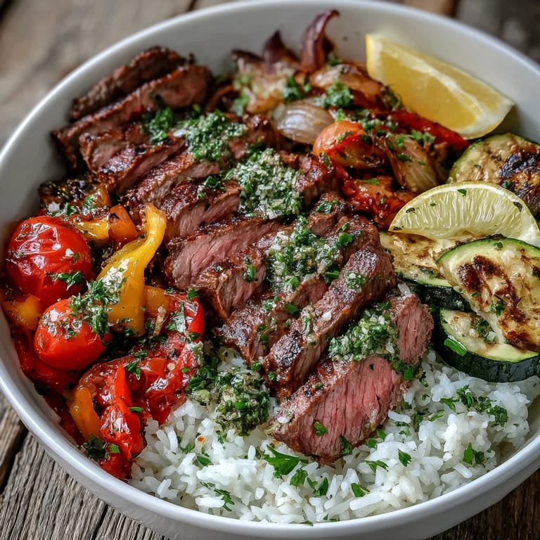 Top view of a Sheet Pan Steak and Veggie Bowl with golden steak slices, charred vegetables, and fresh parsley garnish.