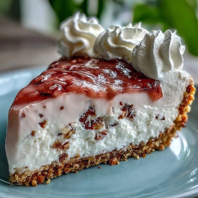 Guava Cloud Pie slice on a white plate, revealing creamy pink filling and crisp macadamia crust, perfect for summer dessert.