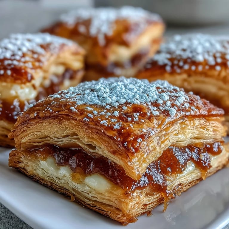 A warm Guava Cheese Pastries square is split open to reveal gooey cream cheese and vibrant guava filling.