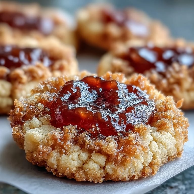 Close-up of a Guava Jam Thumbprint Cookie broken in half, revealing a soft crumb and sweet guava jam.
