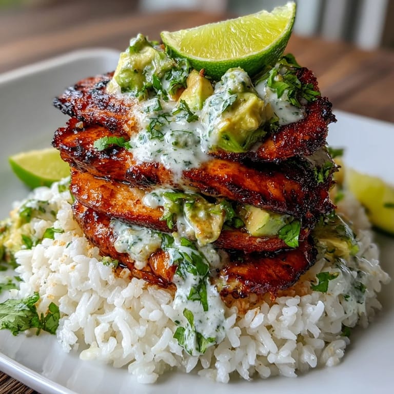 Ready-to-serve Tangy Honey Lime Chicken & Avocado Rice Stack plated with tender chicken, fragrant rice, and vibrant avocado topping.