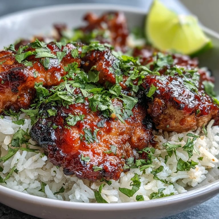 Golden-baked Spicy Maple Chicken & Coconut Rice ready to serve, showcasing sticky sriracha glaze and aromatic jasmine rice in a white dish.