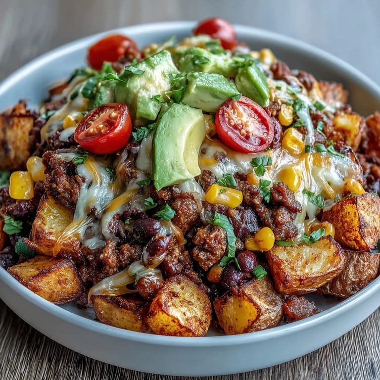 Serving a Loaded Potato Taco Bowl with lime wedges and sour cream over a bed of crispy potatoes.