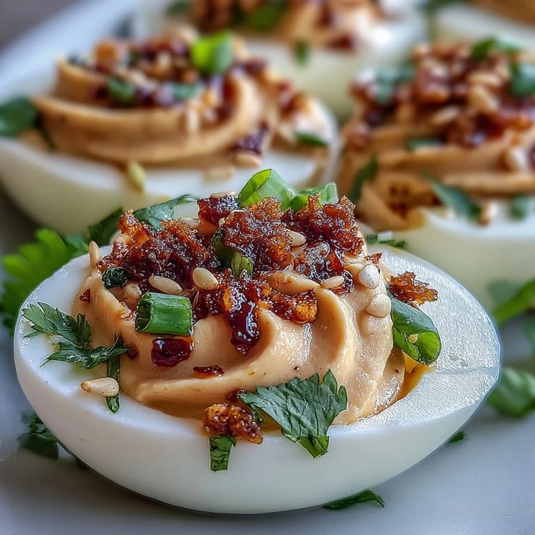 A close-up of Spicy Chili Garlic Deviled Eggs, featuring a smooth filling and a vibrant, savory topping.
