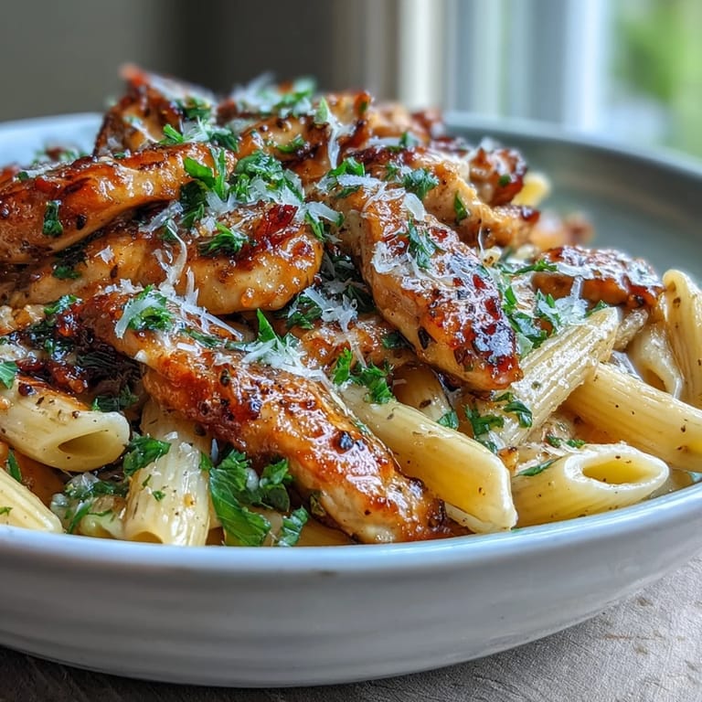 Overhead view of Honey Pepper Chicken Pasta in a white bowl, showcasing al dente fusilli tossed with tender chicken, a drizzle of honey, and a sprinkle of black pepper.