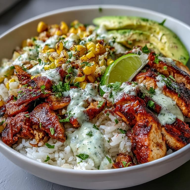 Spicy Street Corn Chicken Rice Bowl with juicy chicken, Mexican street corn, and creamy tajín-lime sauce over cilantro-lime rice.