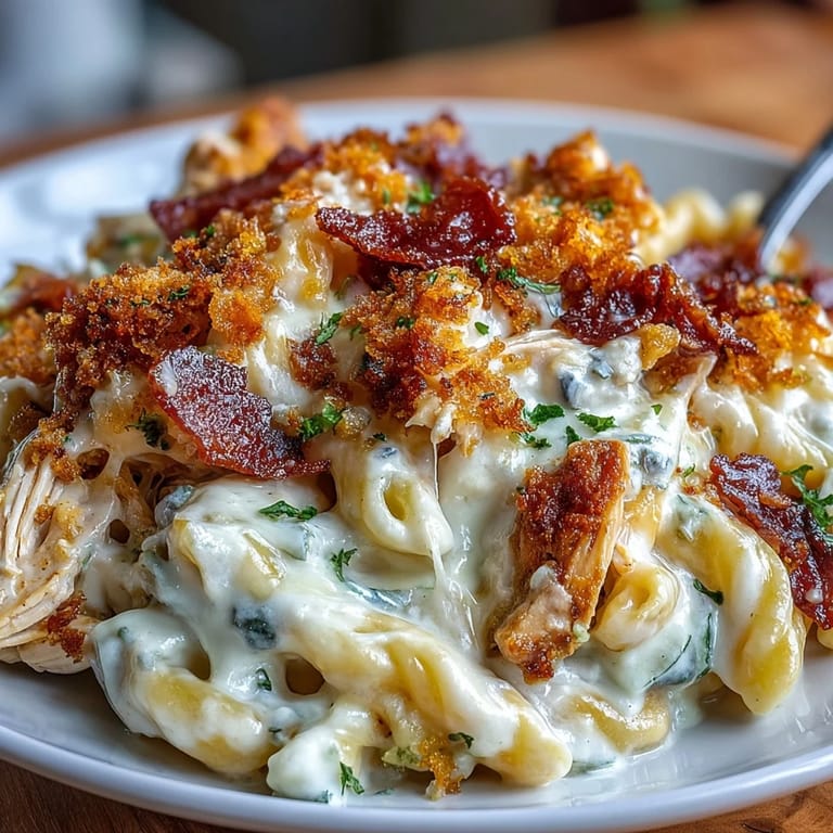 A warm bowl of Creamy Jalapeño Popper Chicken Pasta topped with buttery panko and parsley next to a chilled beer.