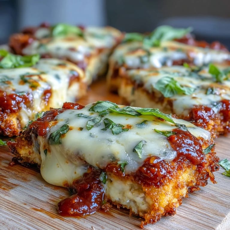 A vegetarian Crispy Tofu Chicken Parm Bakes served over spaghetti, with rich marinara sauce and gooey mozzarella melting over the crispy edges.