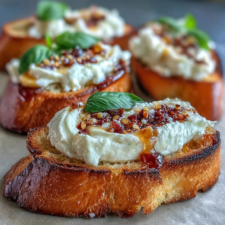 Savory Hot Honey Ricotta Bruschetta bites garnished with basil and flaky salt, perfect for a party platter.