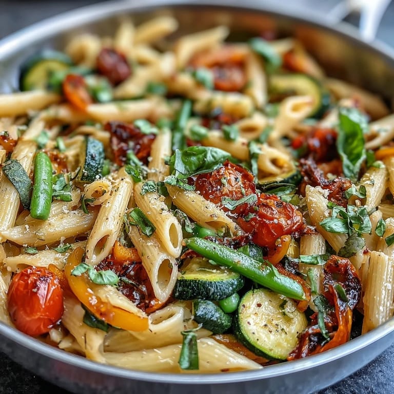 A steaming pot of Vegan One-Pot Pasta Primavera with Lemon and Basil, featuring bright green snap peas, broccoli florets, and torn fresh basil leaves.