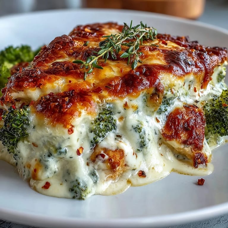 Freshly baked Keto Creamy Chicken and Broccoli Casserole is served on a plate, featuring tender chicken pieces and vibrant green broccoli.