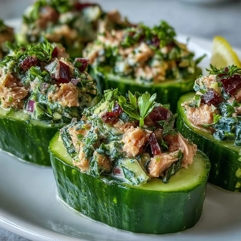 Healthy 10-Minute Tuna Avocado Cucumber Boats filled with zesty tuna and creamy avocado salad.