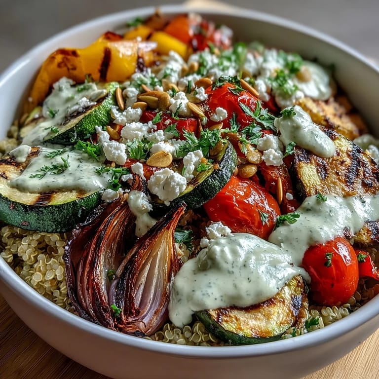Vibrant Mediterranean bowl topped with fresh parsley, pepitas, and creamy tahini sauce ready to serve.