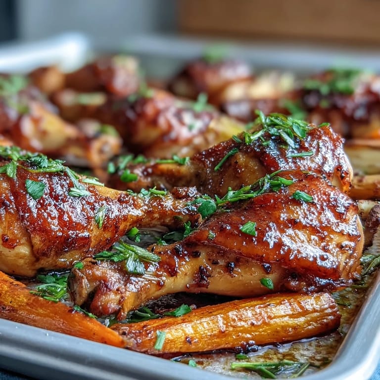 Sweet and sticky Sheet Pan Honey Garlic Chicken Drumsticks roast beside caramelized carrots, promising a flavorful and simple family-style dinner.