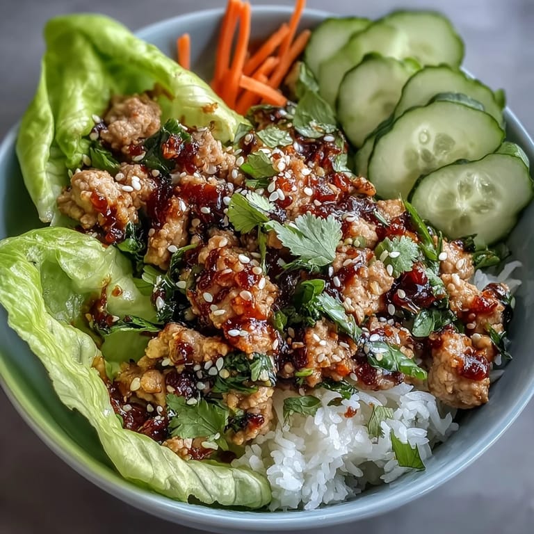 Vibrant sesame turkey lettuce wrap bowls featuring spicy gochujang, crisp lettuce, and refreshing cucumber for a healthy Korean-inspired meal.