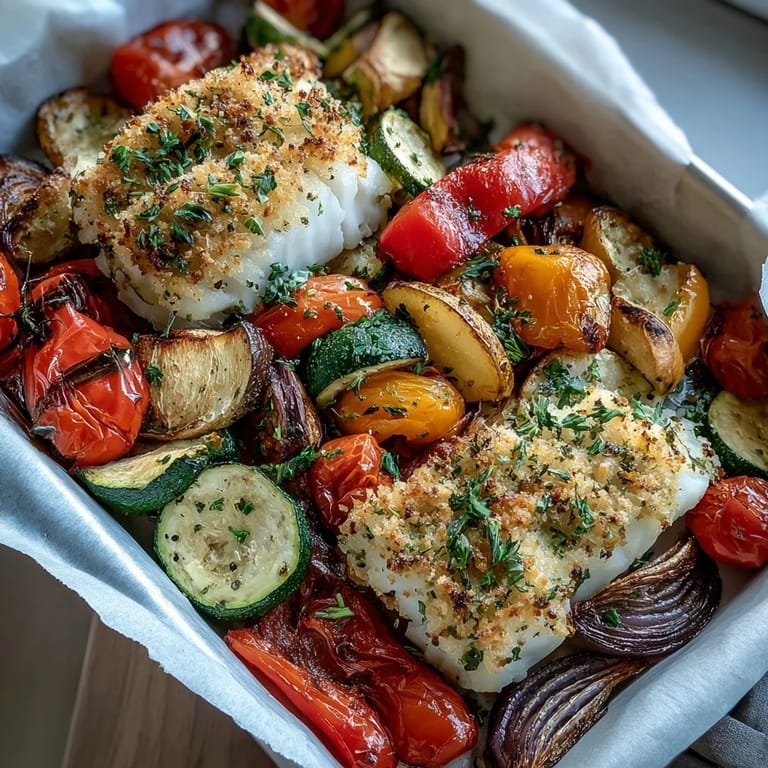 Crispy Asiago and Parmesan crusted cod paired with colorful roasted vegetables for an easy one-pan dinner with bold flavors.