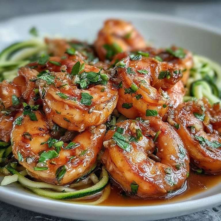 Close-up of garlic butter shrimp and zucchini noodles in a pan.