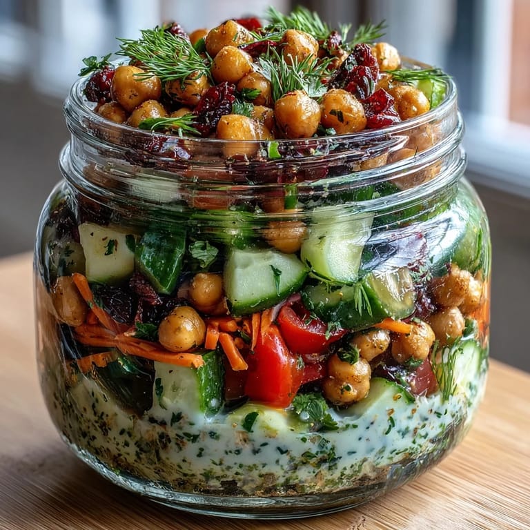 Layered Mediterranean-inspired salad jars bursting with crisp cucumber, protein-rich chickpeas, and tangy citrus herb dressing in a portable meal.  