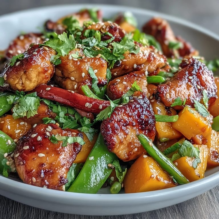 Colorful stir-fried chicken with juicy mango, crisp snap peas, and bell peppers, seasoned with turmeric and soy for a fragrant meal.