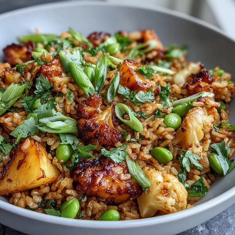 Healthy vegan pineapple fried rice with cauliflower and edamame, garnished with crunchy cashews and fresh herbs for a tropical-inspired meal.