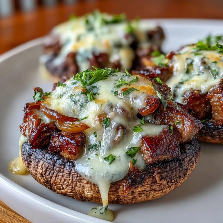 Portobello mushrooms packed with classic Philly cheesesteak flavors—thinly sliced steak, onions, peppers, and rich, melty cheese topping.