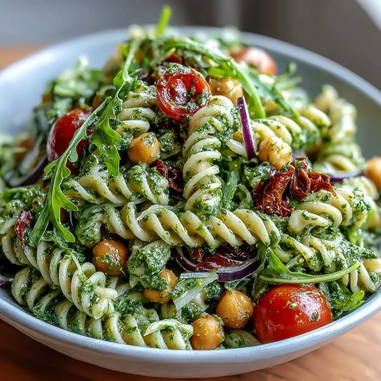 Creamy vegan pesto coats tender pasta, hearty chickpeas, and peppery arugula in this colorful, protein-rich salad bursting with fresh flavors.