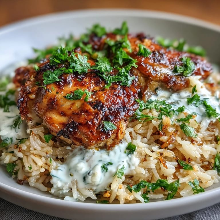 Hearty one pot shawarma chicken and rice meal with tender chicken thighs, seasoned rice, and a creamy lemon yogurt drizzle.