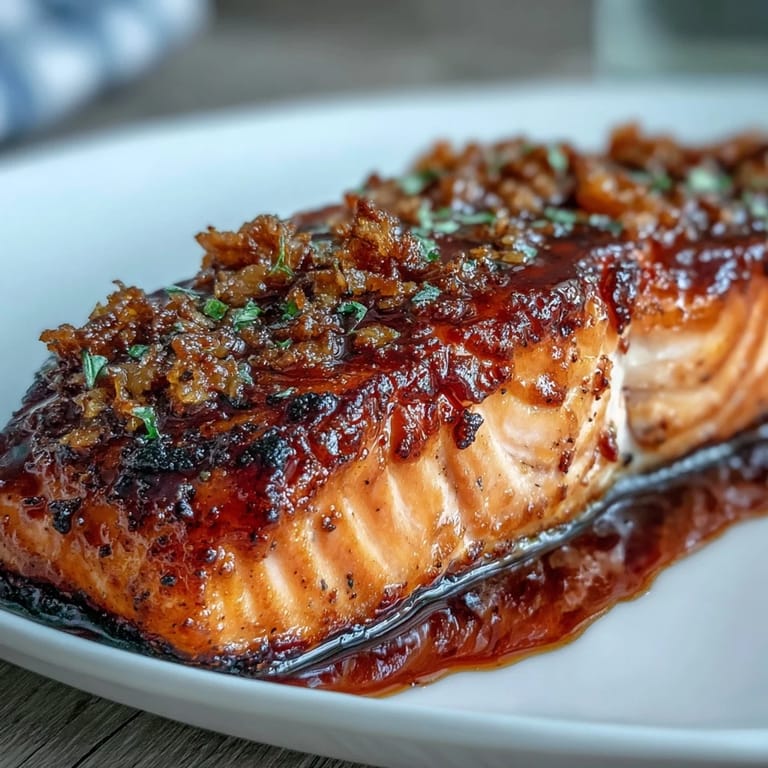 Oven-baked salmon with a sweet and tangy marinade, garnished with parsley and ready to serve alongside vegetables.