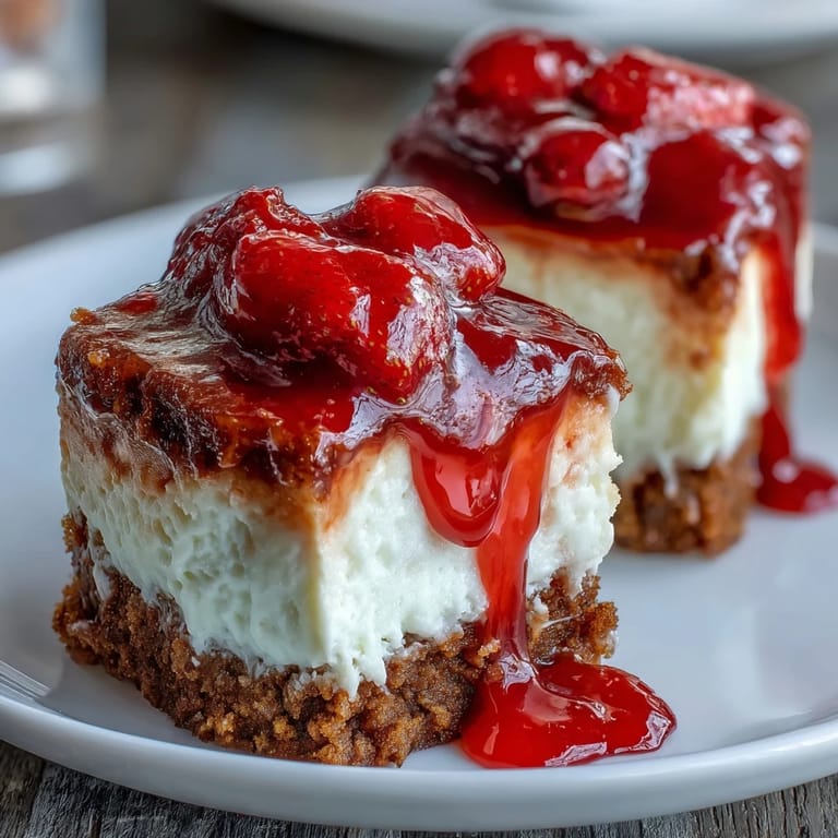 Protein-packed strawberry cheesecake bites baked in muffin tins, topped with homemade strawberry sauce for a vibrant, flavorful treat.  