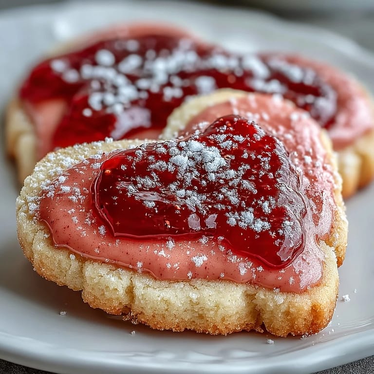 Soft and buttery sugar cookies decorated with natural strawberry icing, ideal for romantic dessert spreads.  
