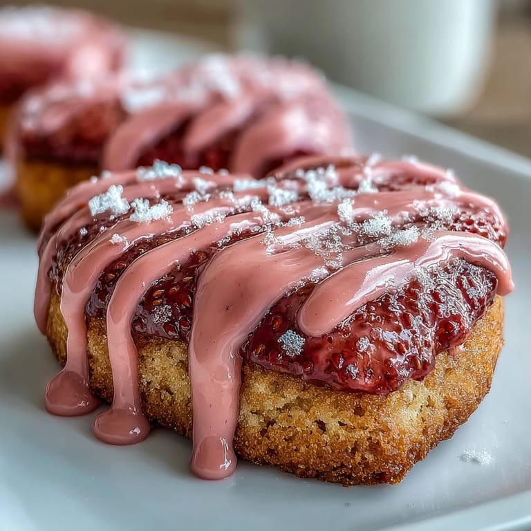 Delicate sugar cookies cut into hearts and topped with glossy strawberry icing for a sweet Valentine's dessert.
