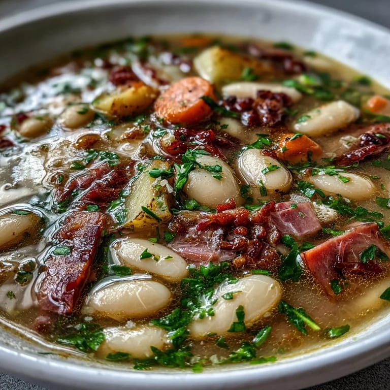 Close-up of creamy bean soup with smoked ham and potatoes, served hot with crusty bread.