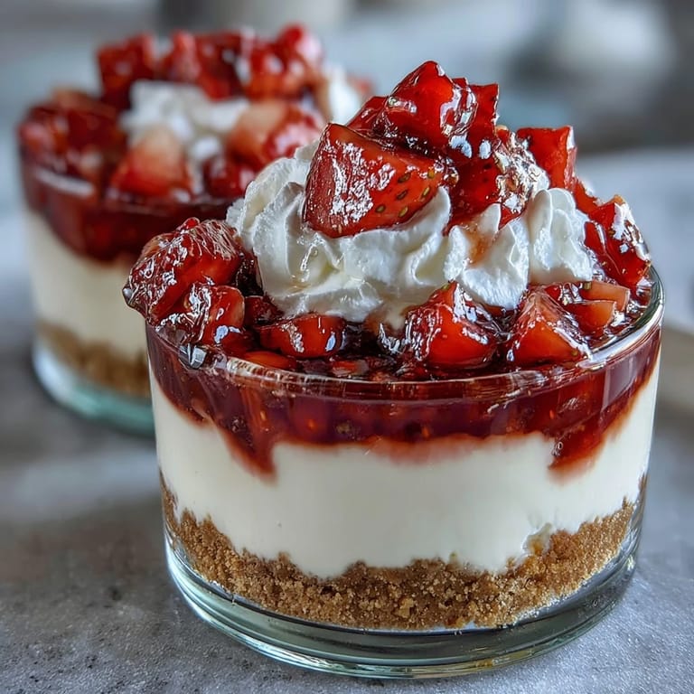 Layered strawberry cheesecake cups with smooth cream cheese filling and sweet macerated berries, ideal for sharing with your loved one.  