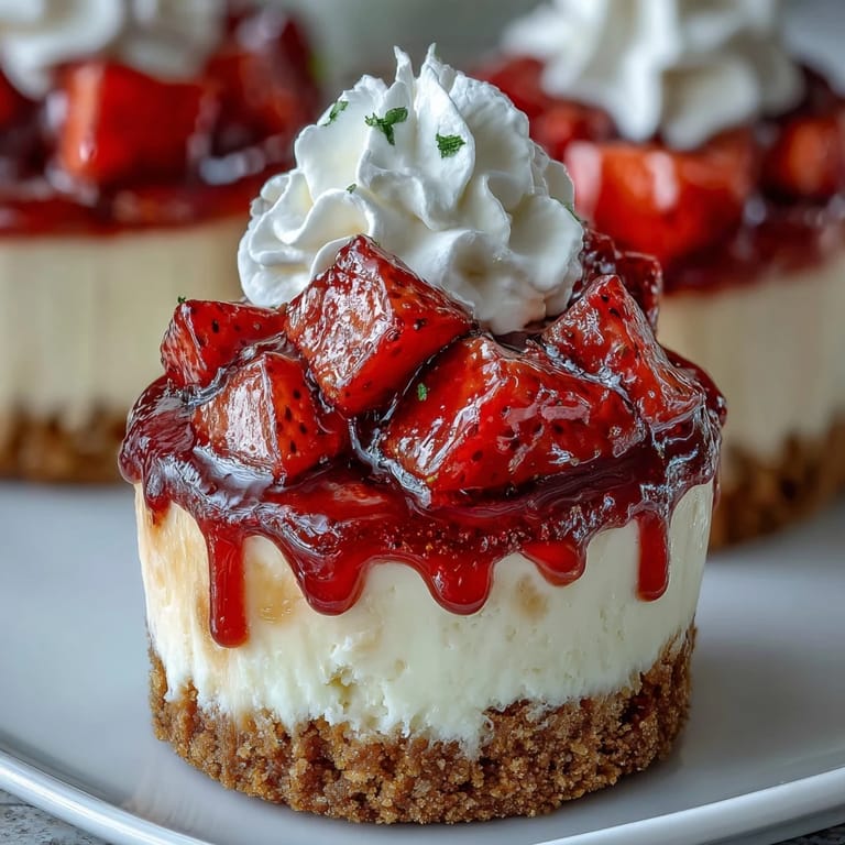 Individual Valentines Day cheesecake cups featuring graham cracker crust, fluffy cream cheese, and fresh strawberries, topped with heart-shaped sprinkles.