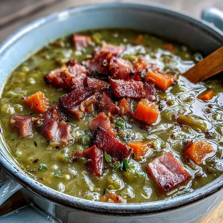Creamy split peas blend with diced carrots and savory ham in this classic, comforting soup recipe.  