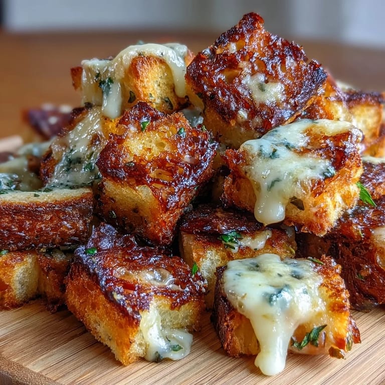 Crunchy sourdough croutons seasoned with garlic and thyme, perfect for topping French onion soup.  