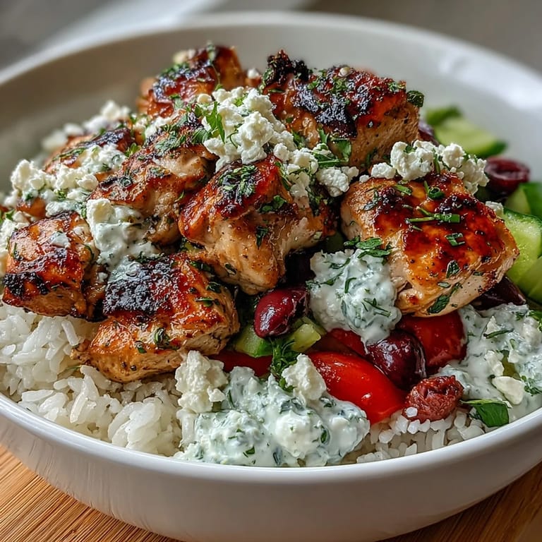 Mediterranean Chicken Souvlaki Bowls with Tzatziki, Rice, and Crisp Veggies - Wholesome dish with smoky grilled chicken, fresh vegetables, and creamy tzatziki served over warm rice.