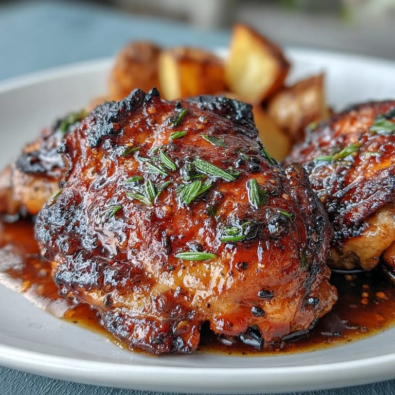 Roasted chicken thighs with honey mustard glaze, surrounded by colorful carrots and potatoes, perfect for busy weeknights.