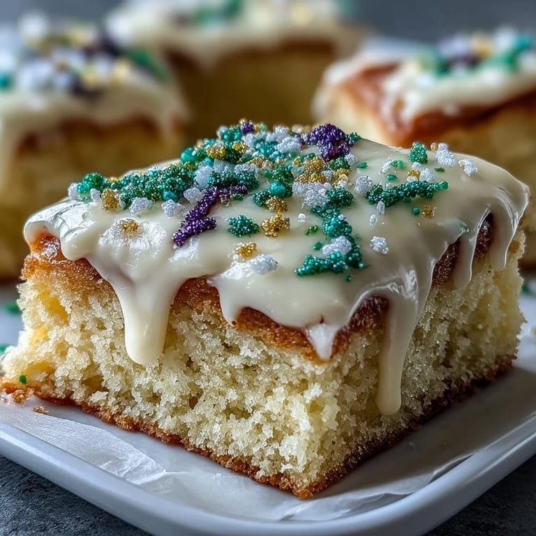 Delicious King Cake Sugar Cookie Bars with lemon zest, cinnamon, and traditional Mardi Gras colors for celebrations.