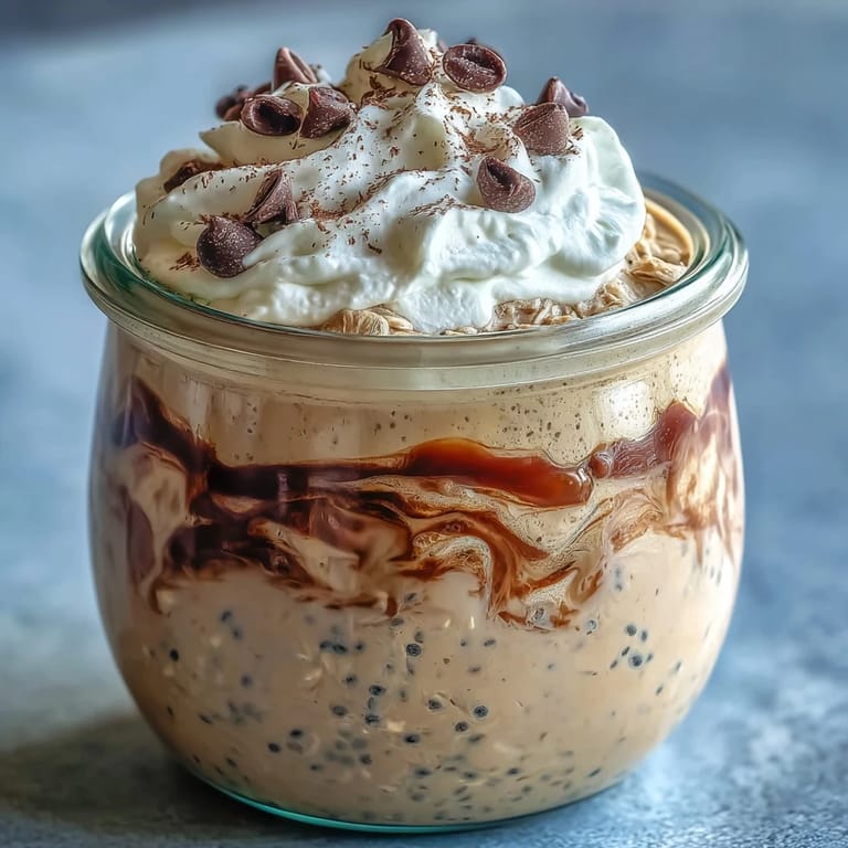 Creamy vanilla bean and coffee overnight oats served in a jar, topped with whipped cream and chocolate chips.