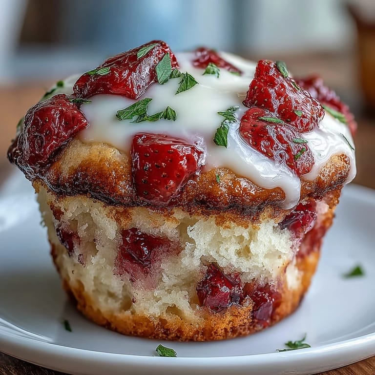 Fluffy strawberry muffins bursting with fresh berries and creamy Greek yogurt, ideal for brunch or a sweet morning treat.