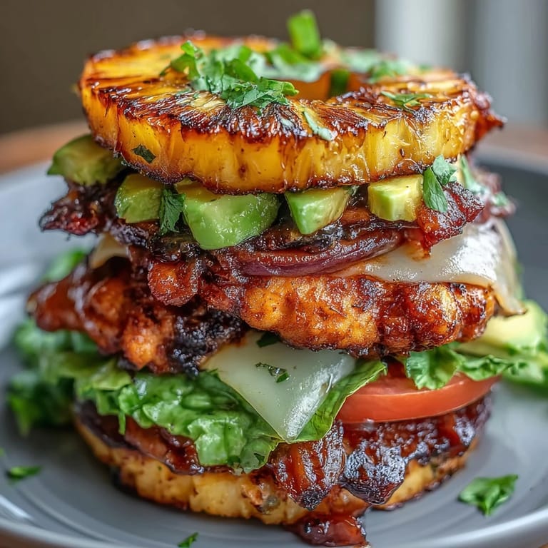 These grilled chicken pineapple burger stacks feature tender chicken breasts layered with sweet pineapple, savory onion, and vibrant vegetables for a satisfying meal.